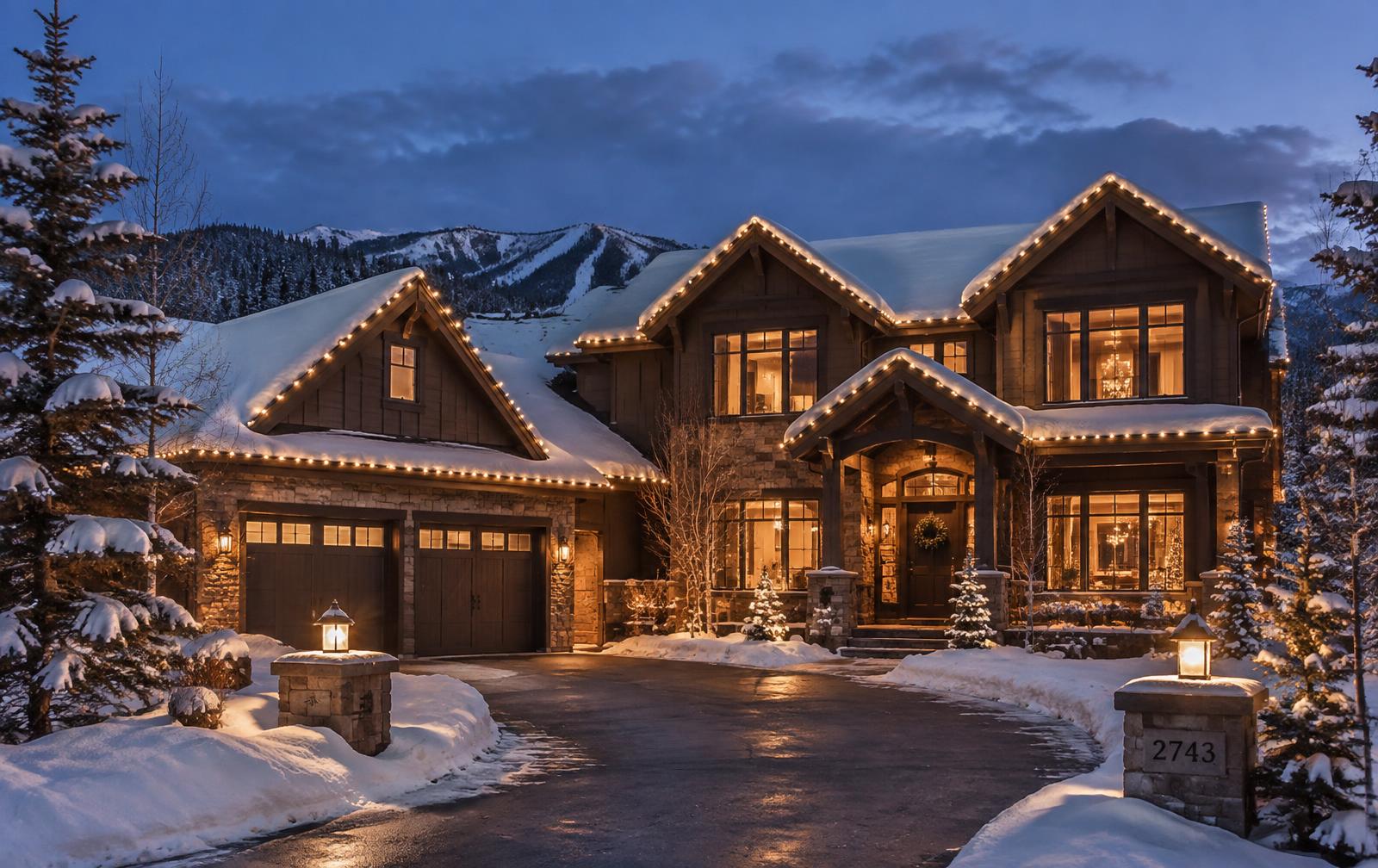 Two-story Colorado home outlined in warm white Christmas roofline lights at dusk